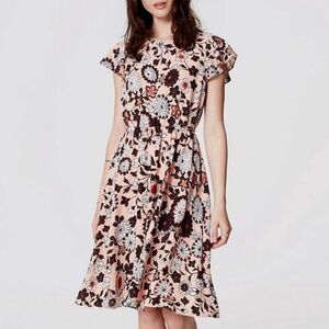 LOFT Floral Flutter Sleeve Midi Tea Length Dress Pink Church Retro Modest Small